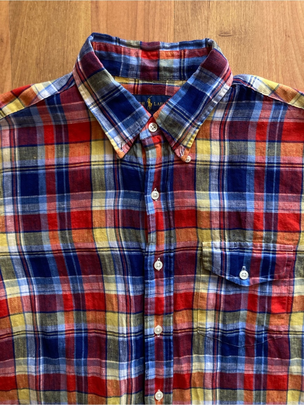 Ralph Lauren Multicolored Plaid Long Sleeve Button Up Mens M 100% Linen Shirt